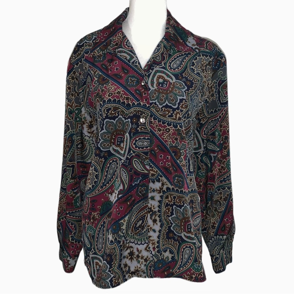 BonWorth Women’s Long Sleeve Paisley Button Up Blouse Size Small Petite